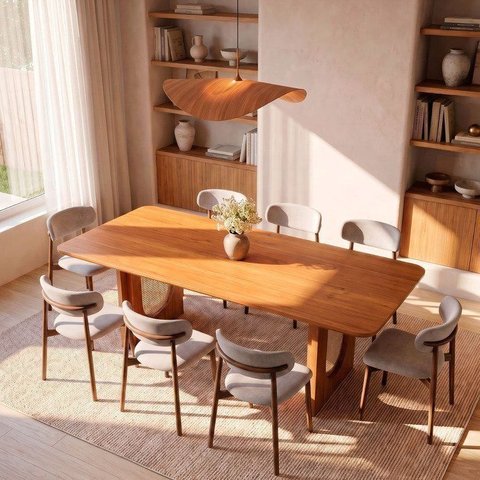 Conjunto de Jantar com Mesa Tali 210cm e 8 Cadeiras Ema CabeCasa MadeiraOriginals Marrom/Bege