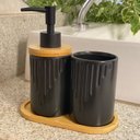 Ver imagem 2 de Kit Banheiro Lavabo 3 Peças Bambu Porta Sabonete Líquido Pia
