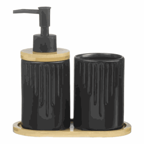 Kit Banheiro Lavabo 3 Peças Bambu Porta Sabonete Líquido Pia