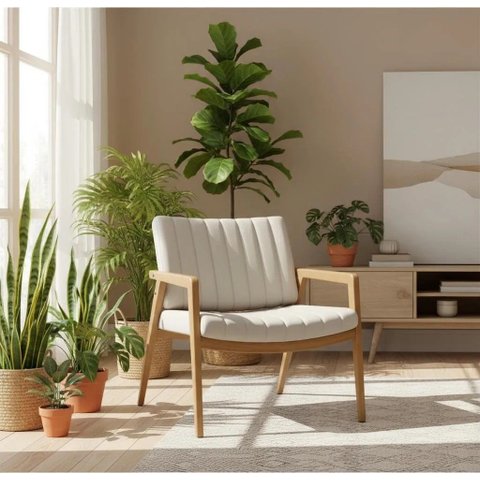 Poltrona em Linho Bege com Estrutura Madeira Decorativa para Sala e Recepção