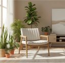 Ver imagem 1 de Poltrona em Linho Bege com Estrutura Madeira Decorativa para Sala e Recepção