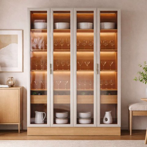 Cristaleira Vidro Sala Jantar 4 Porta com Led Jequitibá Gris