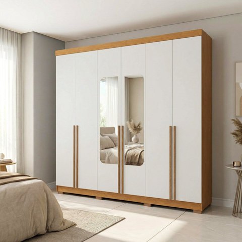 Guarda-Roupa Casal 6 Portas 3 Gavetas com Espelho 100% MDF Napoli Off White/Cerejeira/Nevaska
