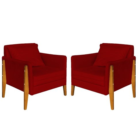 Kit 2 Poltronas Decorativa Sophia Suede Vermelho Pés Madeira Mz Decor