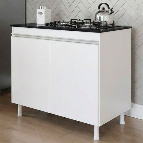 Balcão Gabinete Cozinha Lux 79cm 100% Mdf 02 Portas com Tampo Branco - Abmaza