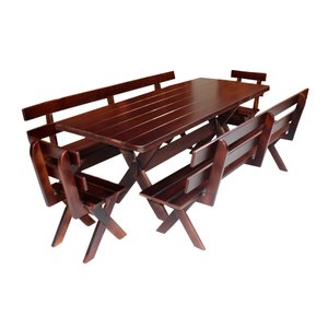 Conjunto Mesa Rústica 2m 2 Bancos e 2 Cadeiras Madeira Maciça Angelim:Tabaco