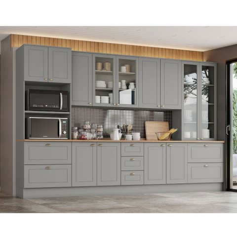 Cozinha Modulada Completa com Cristaleira 343cm 6 Peças 13 Portas 7 Gavetas Americana Henn