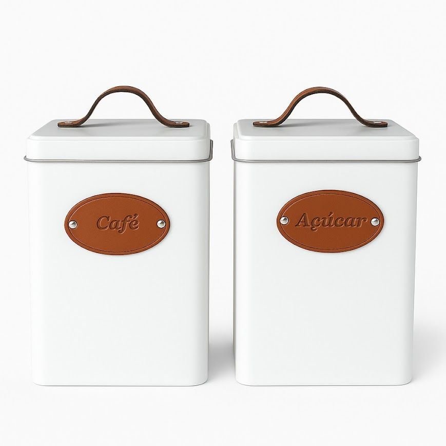 Lata Porta Mantimentos Pote de Café Açúcar Kit 2 Peças:branco - 1