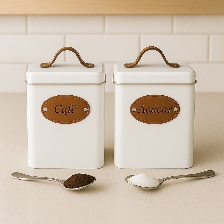 Lata Porta Mantimentos Pote de Café Açúcar Kit 2 Peças:branco - 3