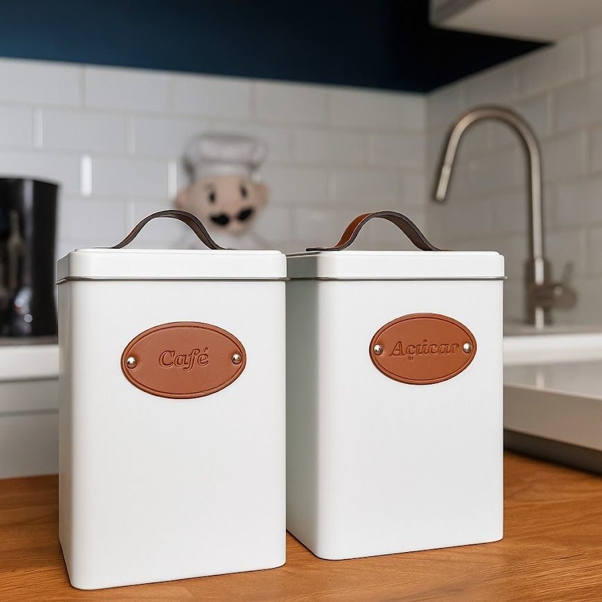 Lata Porta Mantimentos Pote de Café Açúcar Kit 2 Peças:branco - 2