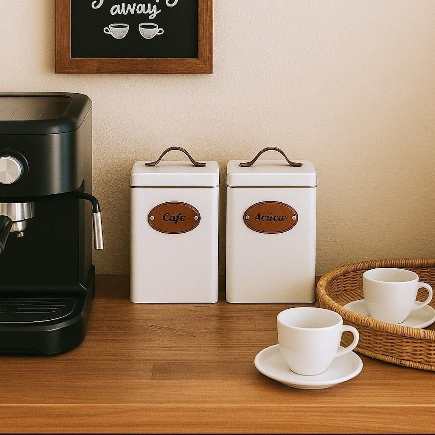 Lata Porta Mantimentos Pote de Café Açúcar Kit 2 Peças:branco - 5