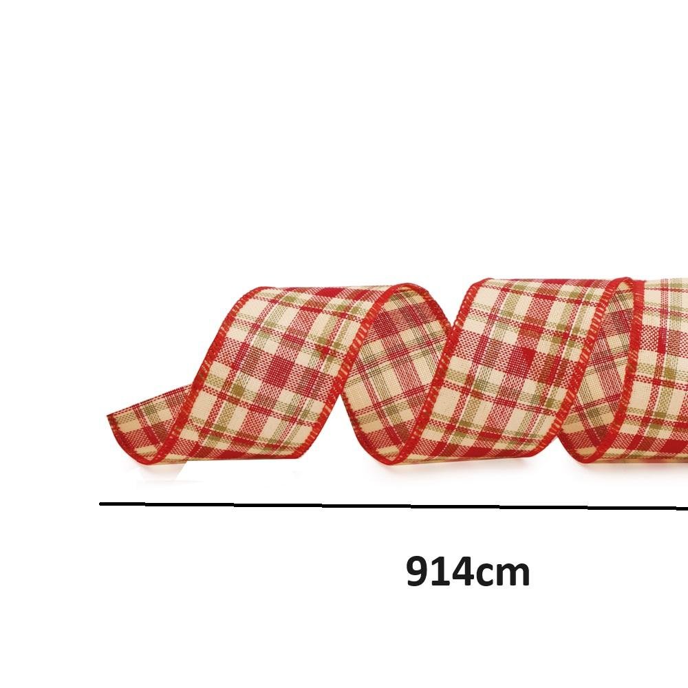 Fita Xadrez Aramada Natalina Quadriculada Verm Vd Bege 9,14m - 3