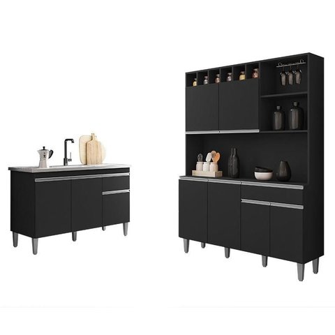 Balcão de Pia Tatiane 120 Cm e Armário Cozinha Kit Alice Preto Fosco - Ajl