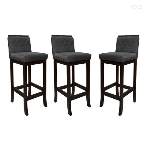 Kit 3 Banquetas Alta para Bancada de Cozinha Nice Madeira Maciça Matelassê Suede Cinza Ccs