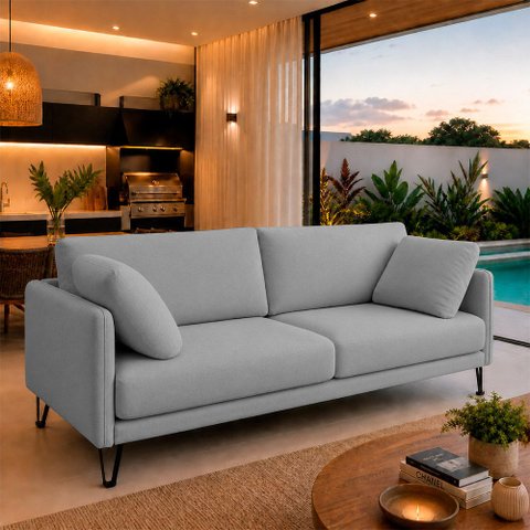 Sofá Sala de Estar Atena Fixo Pés de Ferro 214cm 3 Lugares Linho Cinza M1 - Monari Design