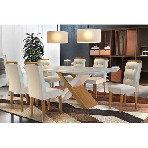 Conjunto: Mesa de Cozinha Imperatriz Tampo Madeirado C/ Vidro Canto Reto 180x90cm e 6 Cadeiras