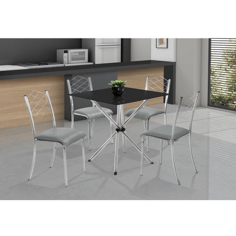 Conjunto para Cozinha Mesa Lana 80x80cm com 4 Cadeiras Ortenia Cinza/Cromado/Preto