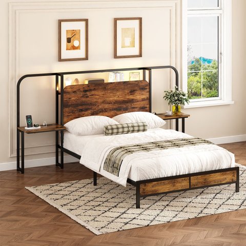 Cama de Casal Multifuncional com Cabeceira, Prateleira, Tomadas Usb e Estilo Industrial