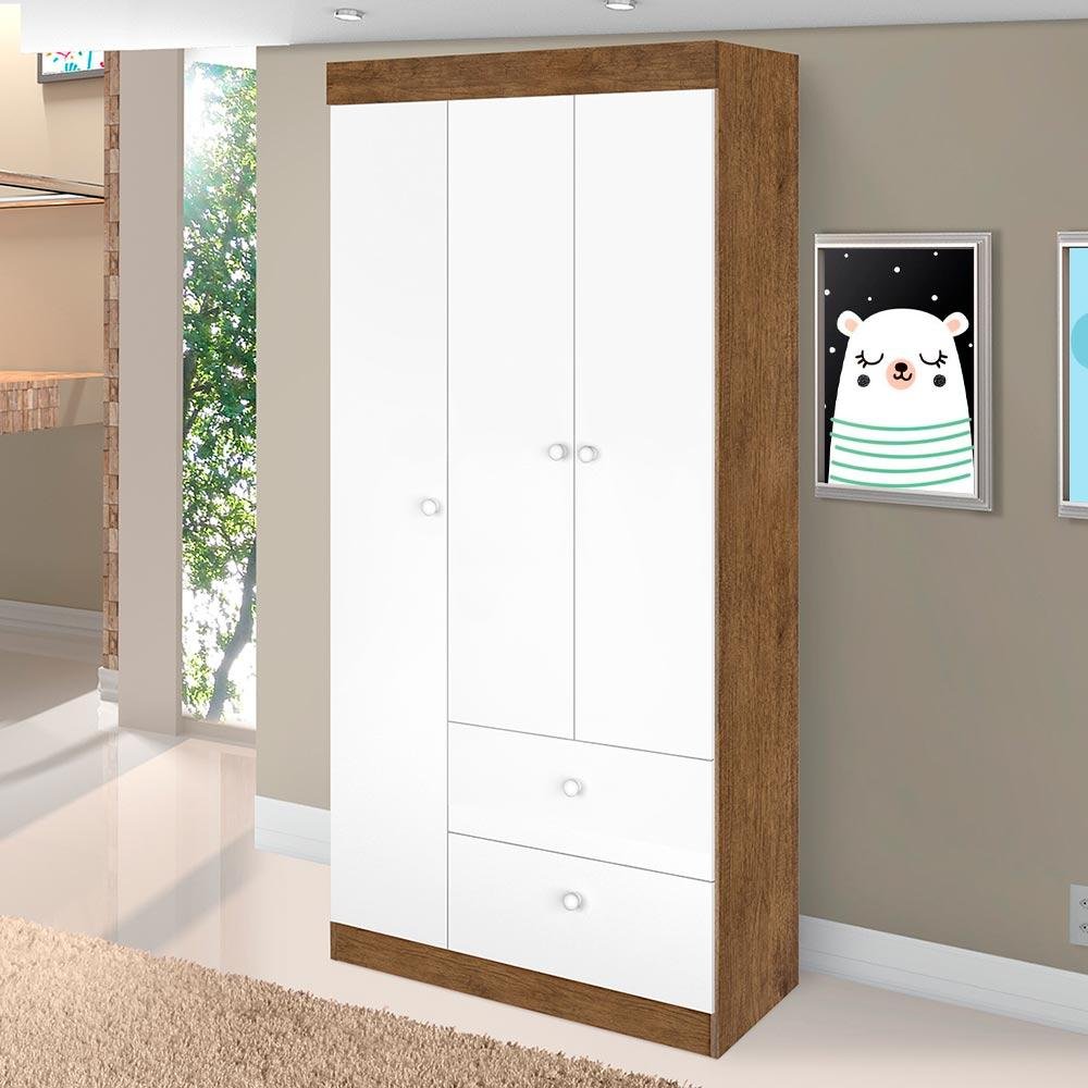 Guarda-Roupa Roupeiro 3 Portas e 2 Gavetas Infantil Catatau Branco e Jequitibá J&A - 1