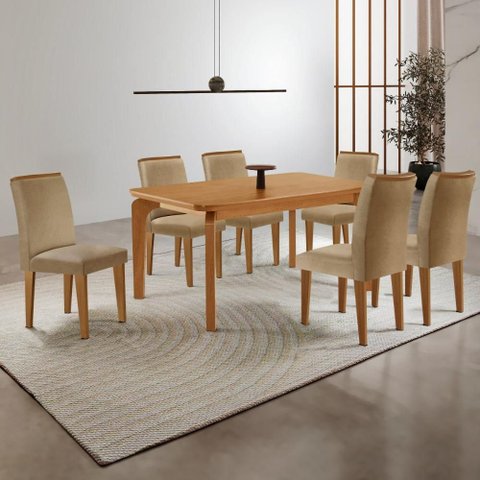 Conjunto Mesa de Jantar 180cm com 6 Cadeiras Estofadas Multimóveis Crrft-CON051 Madeirado/Bege