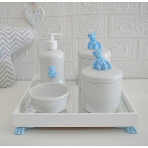 Kit Higiene Porcelana Bebê Banho Cuidado Meninos Maternidade Quarto K014 Urso - Azul