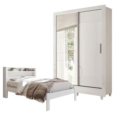 Guarda Roupa Bélgica 2 Portas com Espelho e Cama Casal Invicta Branco Brilho - Santos Andirá