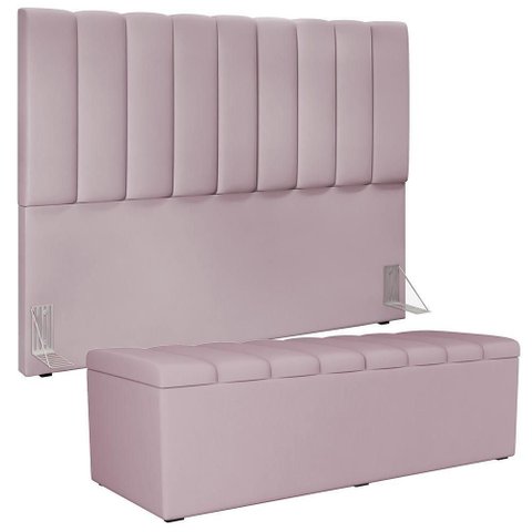 Kit Cabeceira Cama Box Casal King 195cm com Calçadeira Baú Dália W01 Suede Rosê - Lyam