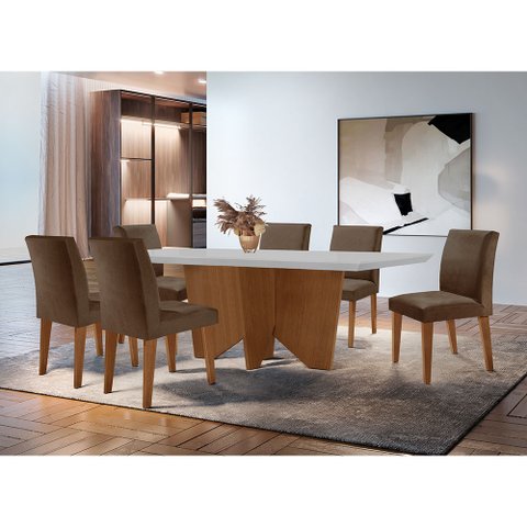 Sala de Jantar Mesa Evora 180 Mdf Canto Reto com 6 Cadeiras Grecia Rufato