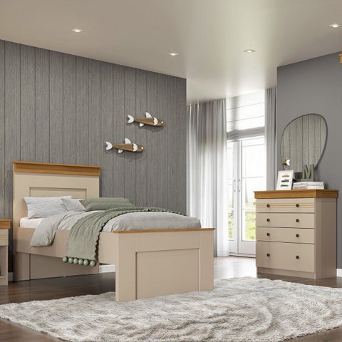 Conjunto Cômoda e Cama de Solteiro England MDF 4 Gavetas Corda/Freijó