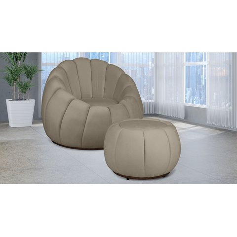 Kit Poltrona Decorativa C/ Puff Concha Veludo Bege - Londrilar