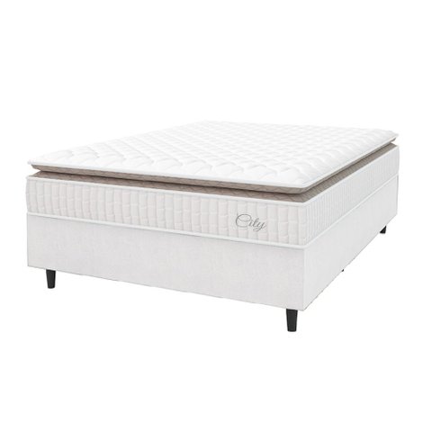 Cama Box Colchão Casal Queen Molas Ensacadas City Pillow Top 158x198x61cm Linho Branco / Bege