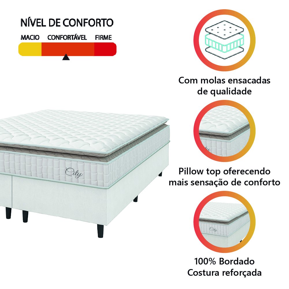 Cama Box Colchão Casal Queen Molas Ensacadas City Pillow Top 158x198x61cm Linho Branco / Bege - 5