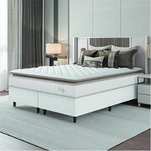 Cama Box Colchão Casal Queen Molas Ensacadas City Pillow Top 158x198x61cm Linho Branco / Bege