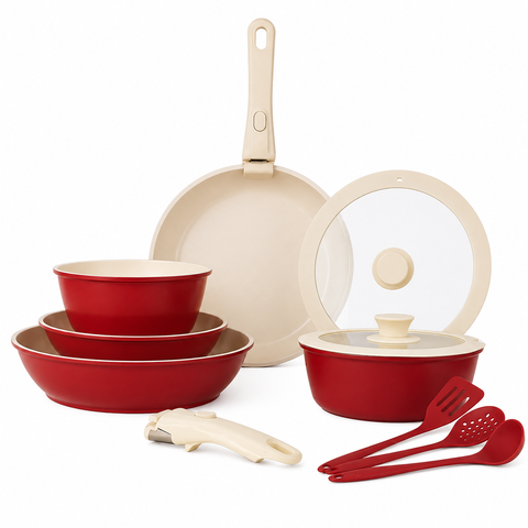 Jogo Panelas Verm Antiaderente Cabo Removível e Acessórios