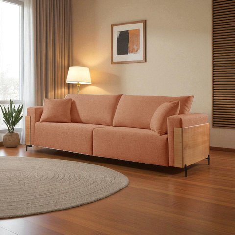 Sofá Fixo Heitor 3 Lugares Luxo Pé de Metal 2,20m Castellar Móbile Marrom Linho Terracota