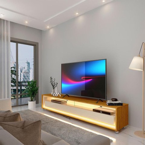 Rack TV Lumier 172 cm Pés Rodizio Luz LED Neon Naturale Off