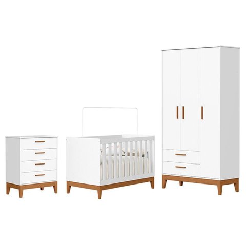 Dormitório Infantil Flip Guarda Roupa 3 Portas, Cômoda 4 Gavetas e Berço Branco Fosco - Reller M
