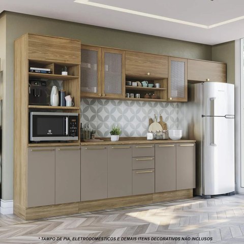 Armário de Cozinha Modulada Completa Reta 8 Peças 3,50m Botanic Kappesberg - Nogueira/Fendi