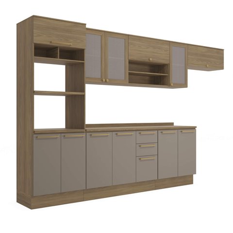 Armário de Cozinha Modulada Completa Reta 8 Peças 3,50m 215 Botanic Kappesberg - Nogueira/fendi