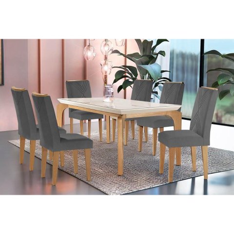 Sala de Jantar Completa Londrina C/ Tampo Madeirado Vidro Canto Reto 180x90cm e 6 Cadeiras Amsterd