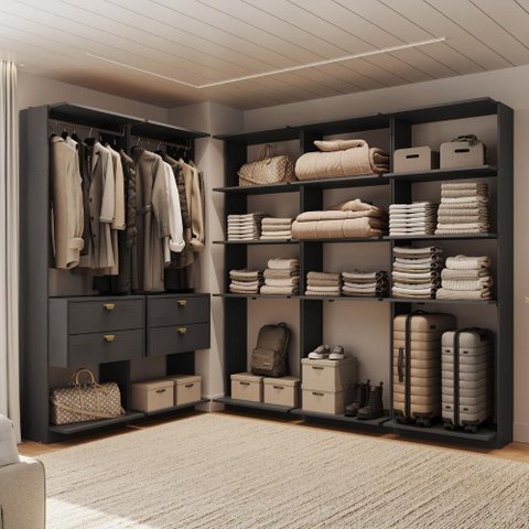 Guarda-Roupas Closet Modulado Alasca 300cm 5 Peças com 4 Gavetas e Cabideiros Preto Touch Carraro