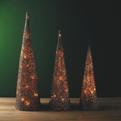 Conjunto 3 Árvores Decorativas Aramadas Cone Cotton Iluminada Champanhe Glitter Luxo LED 60cm, 50cm 