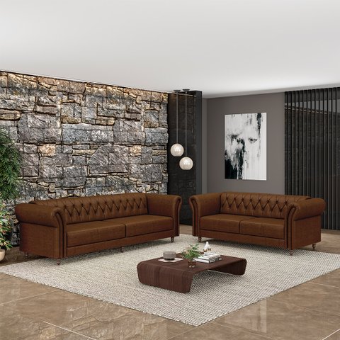 Conjunto de Sofá Sala de Estar Stanford Chesterfield 2 e 3 Lugares 200cm/240cm Pés Madeira Couro Mar