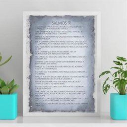 Quadro Salmos 91 - Papiro Cinza 24x18cm - com Vidro:moldura Branca - 1