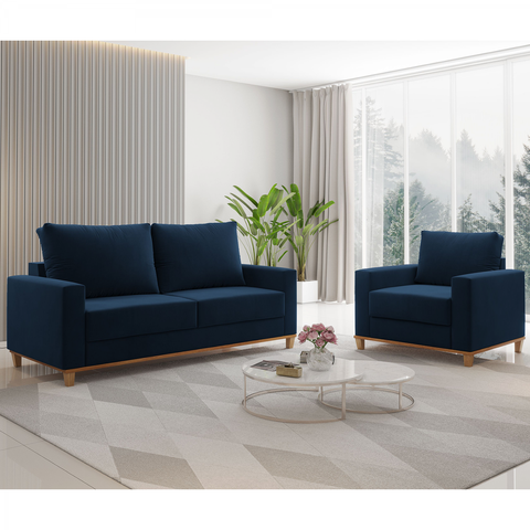 Conjunto Estofado Living + 1 Poltrona Napoles Azul - Casa Giulia