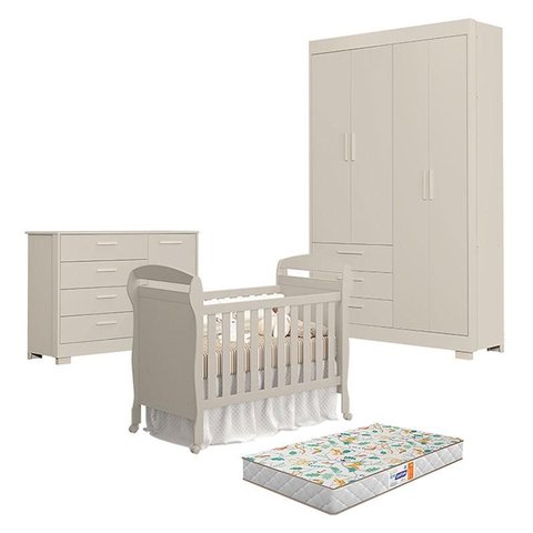 Quarto de Bebê Zaki com Berço Americano Danny Areia Acetinado com Colchão Gazin - Reller