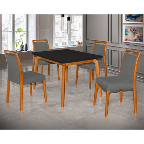 Mesa Jantar Luxo Jade 120x90cm Preto com 4 Cadeiras Estofadas Linho Chumbo Base Madeira Maciça Mel