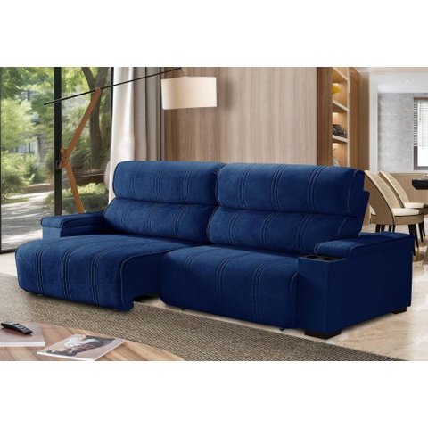 Sofá Retrátil e Reclinável Milão 3 Lugares Azul 2,90m Suede com Porta Copos Sofá Casa