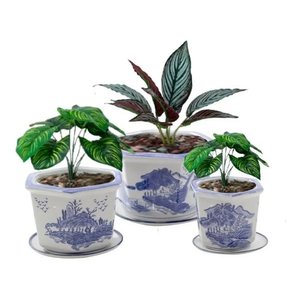 Kit 3 Vasos Cerâmica Conjunto C/ Pires Azul E Branco