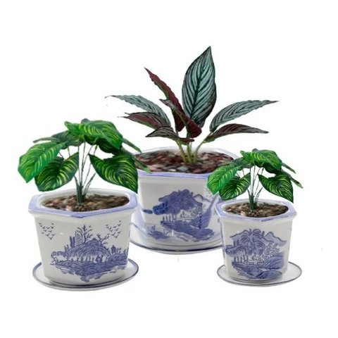 Kit 3 Vasos Cerâmica Conjunto C/ Pires Azul E Branco